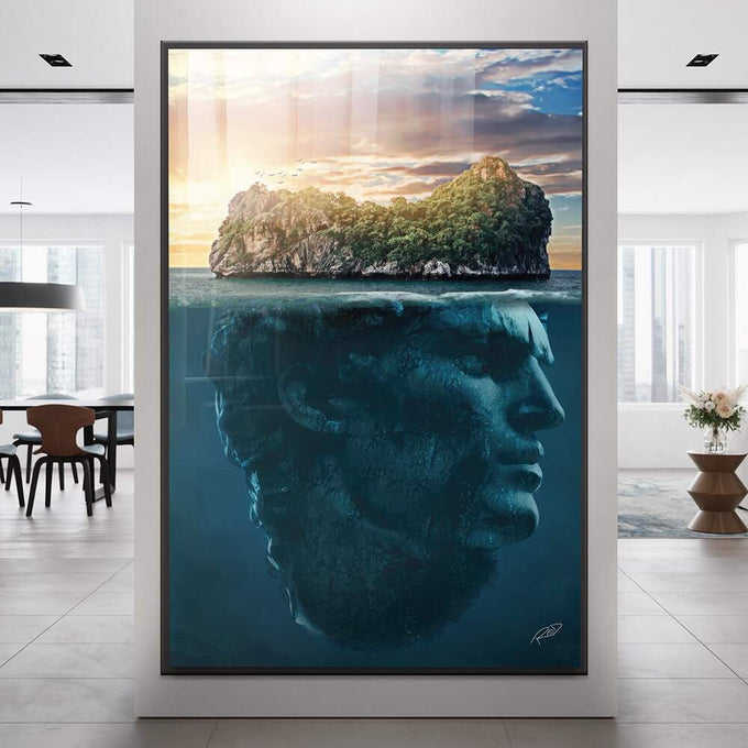 Quadro Decorativo Ilha com Cabeça - Estilo Sofisticado para Ambientes Modernos - quadros decorativos para sala 1 Tela Vertical, 3 Telas - em ambiente decorado