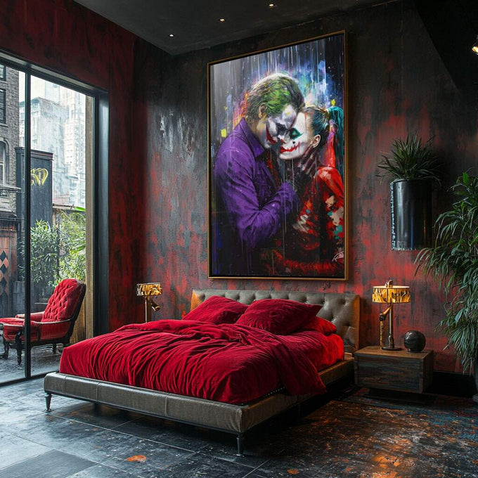 Quadro Decorativo Coringa e Alerquina na Chuva - Estilo e Cor para Sua Casa - quadros decorativos para sala 1 Tela Vertical, 3 Telas - em ambiente decorado