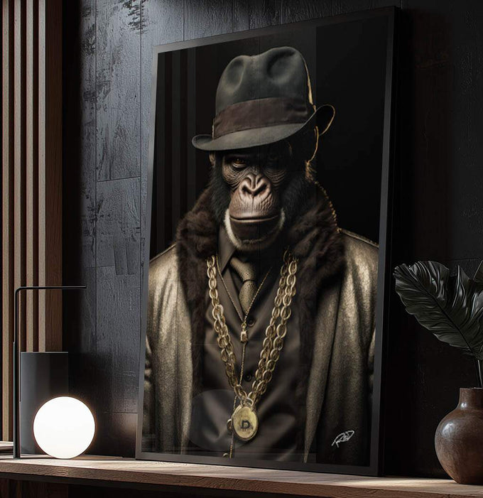 Quadro Decorativo Macaco Gangster - Arte Moderna e Sofisticada para Ambientes Ousados - quadros decorativos para sala 1 Tela Vertical, 3 Telas - em ambiente decorado