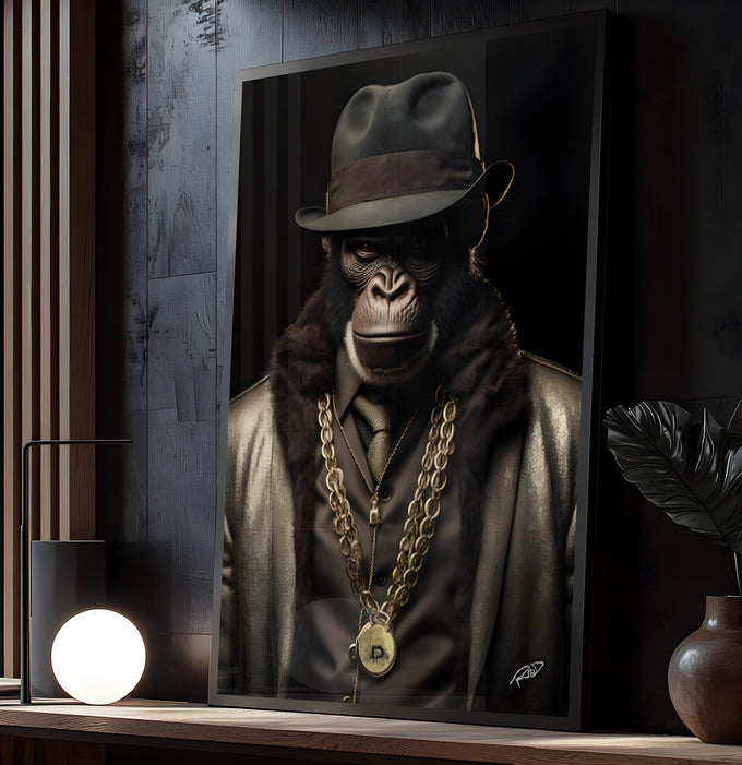 Macaco de chapéu, casaco de pele e correntes douradas com medalhão sobre fundo preto, quadro decorativo