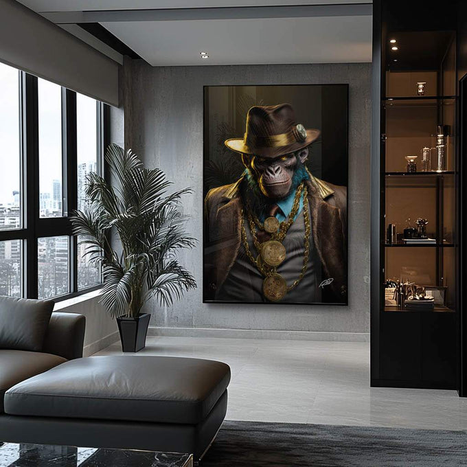 Quadro Decorativo Macaco Gangster - Estilo Único para sua Decoração - quadros decorativos para sala 1 Tela Vertical, 3 Telas - em ambiente decorado