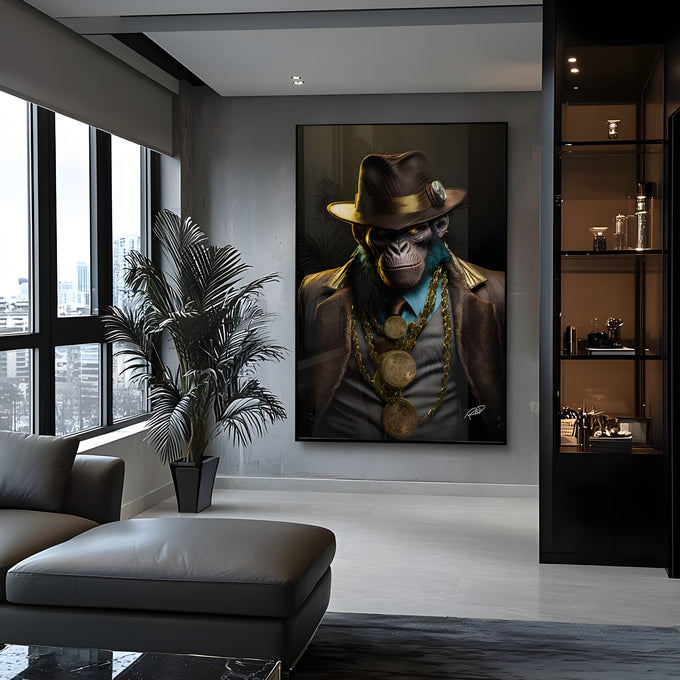 Macaco gangster de chapéu, terno e correntes douradas com moedas bitcoin em fundo escuro, quadro decorativo