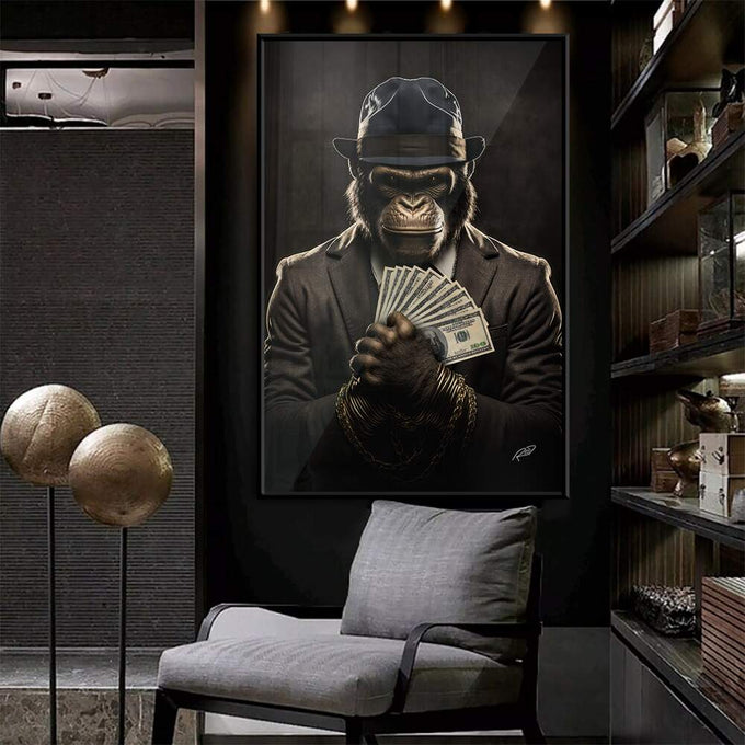 Quadro Decorativo Macaco Gangster - Estilo Urbano para sua Decoração - quadros decorativos para sala 1 Tela Vertical, 3 Telas - em ambiente decorado