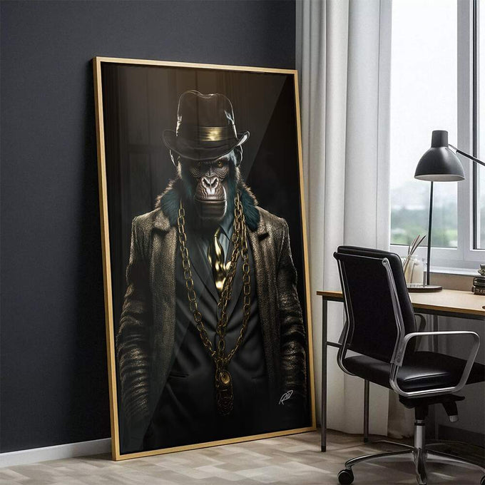 Quadro Decorativo Macaco Gangster 08 - Arte Premium para sua Casa - quadros decorativos para sala 1 Tela Vertical, 3 Telas - em ambiente decorado