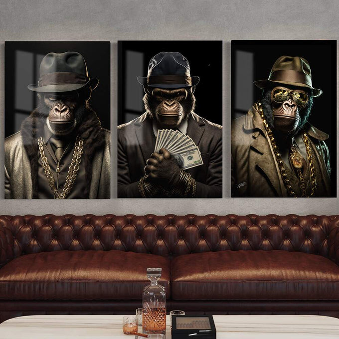 Quadro Decorativo Trio de Macacos Gangsteres - Estilo Único e Moderno - quadros decorativos para sala 1 Tela Vertical, 3 Telas - em ambiente decorado