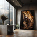 Quadro Decorativo Família de Leão com Filhote - Elegância e Sofisticação para sua Casa - quadros decorativos para sala 1 Tela Vertical, 3 Telas - em ambiente decorado