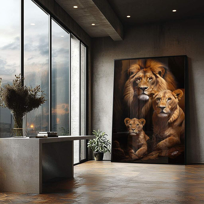 Quadro Decorativo Família de Leão com Filhote - Elegância e Sofisticação para sua Casa - quadros decorativos para sala 1 Tela Vertical, 3 Telas - em ambiente decorado