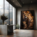Leão, leoa e filhote realistas em tons dourados sobre fundo escuro, quadro decorativo
