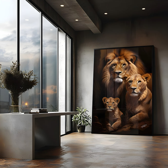 Leão, leoa e filhote realistas em tons dourados sobre fundo escuro, quadro decorativo