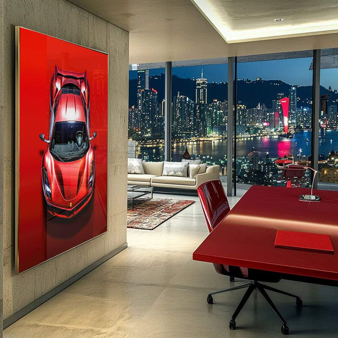 Quadro Decorativo Carro Ferrari F8 - Elegância e Estilo para sua Casa - quadros decorativos para sala 1 Tela Vertical, 3 Telas - em ambiente decorado