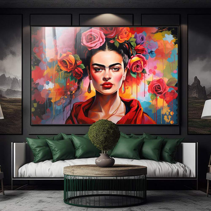 Quadro Decorativo Frida 03 - Elegância e Estilo em Tecido Canvas Premium - quadros decorativos para sala 1 Tela, 1 Tela Horizontal - em ambiente decorado