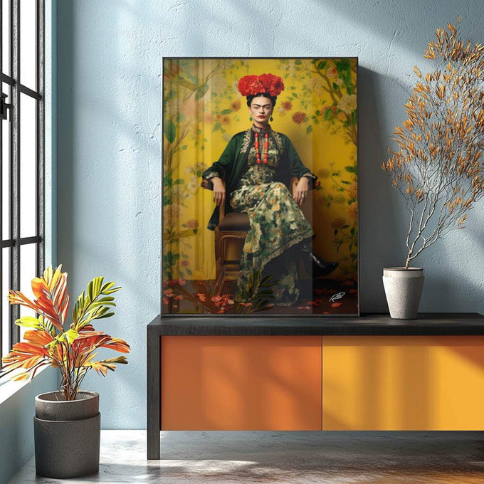 Quadro Decorativo Frida 07 - Arte Minimalista em Canvas 100% Algodão - quadros decorativos para sala 1 Tela Vertical, 3 Telas - em ambiente decorado