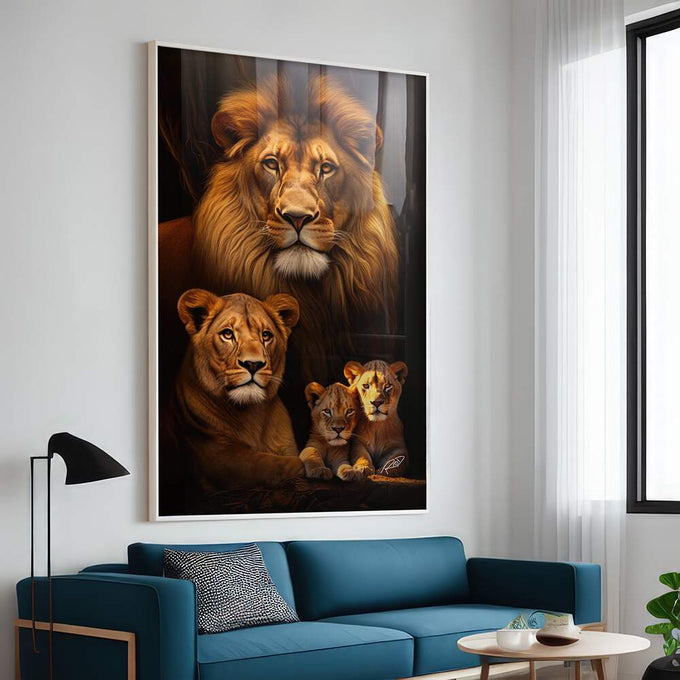 Quadro Decorativo Família de Leão com 2 Filhotes - Sofisticação e Estilo para Sua Decoração - quadros decorativos para sala 1 Tela Vertical, 3 Telas - em ambiente decorado