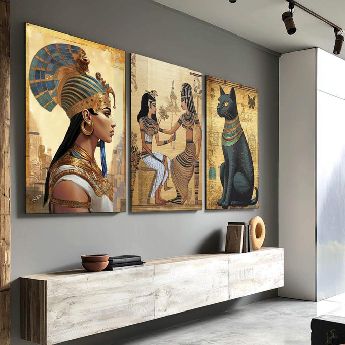 Quadro Decorativo Mitologia Egípcia - Arte e Elegância para Sua Parede - quadros decorativos para sala 1 Tela Vertical, 3 Telas - em ambiente decorado