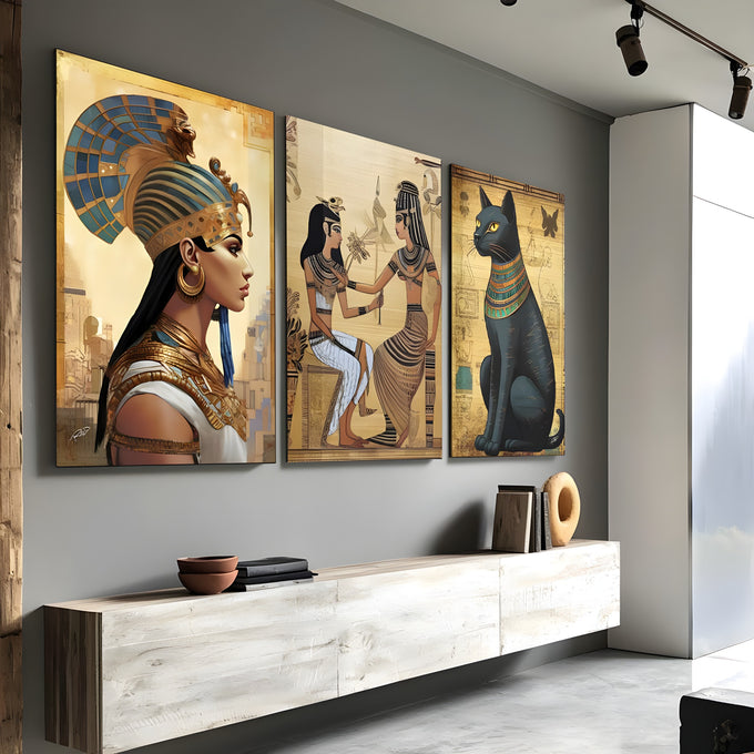 Tríptico egípcio com rainha, duas mulheres e gato Bastet em fundo dourado, quadro decorativo
