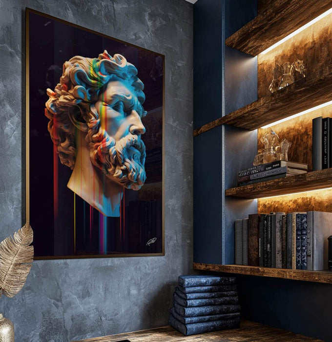 Quadro Decorativo Mitologia Grega - Elegância e Cultura para sua Parede - quadros decorativos para sala 1 Tela Vertical, 3 Telas - em ambiente decorado