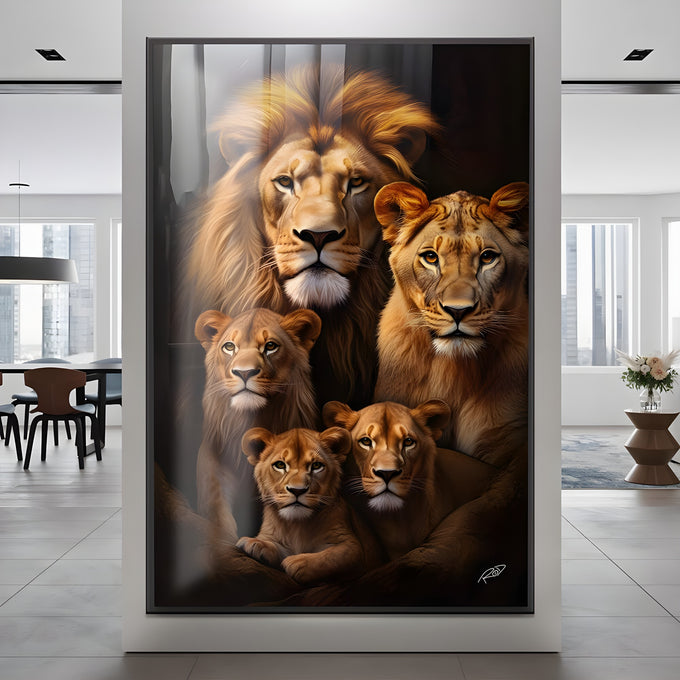 Leão, leoa e três filhotes dourados sobre fundo preto em retrato de família, quadro decorativo