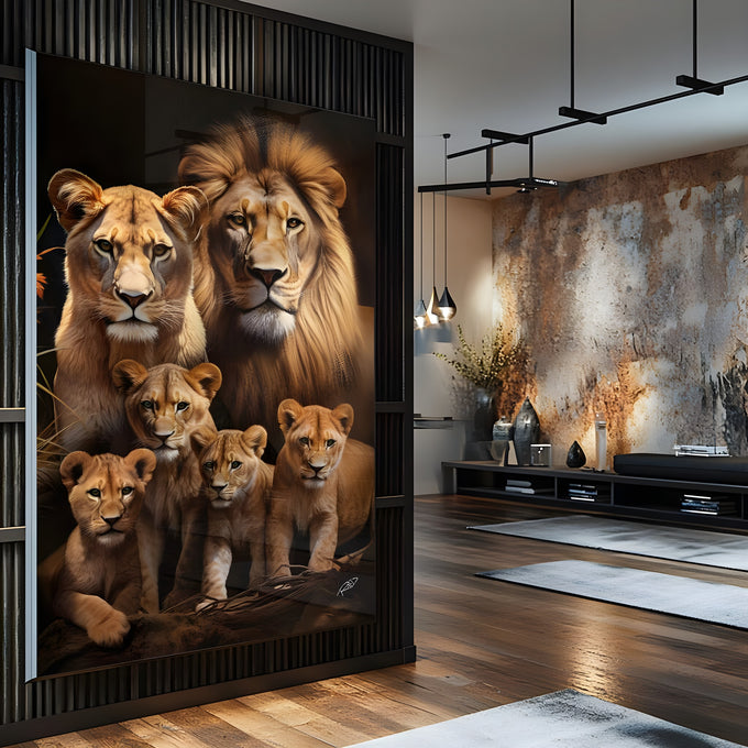 Leão, leoa e quatro filhotes em tons dourados sobre fundo escuro, quadro decorativo