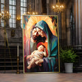 Maria, José e Menino Jesus dormindo em estilo geométrico com halo dourado e tons vibrantes, quadro decorativo