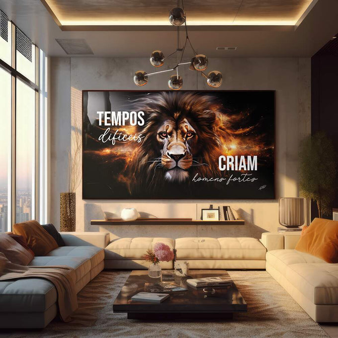 Quadro Decorativo Leão Motivacional - quadros decorativos para sala 1 Tela, 1 Tela Horizontal - em ambiente decorado