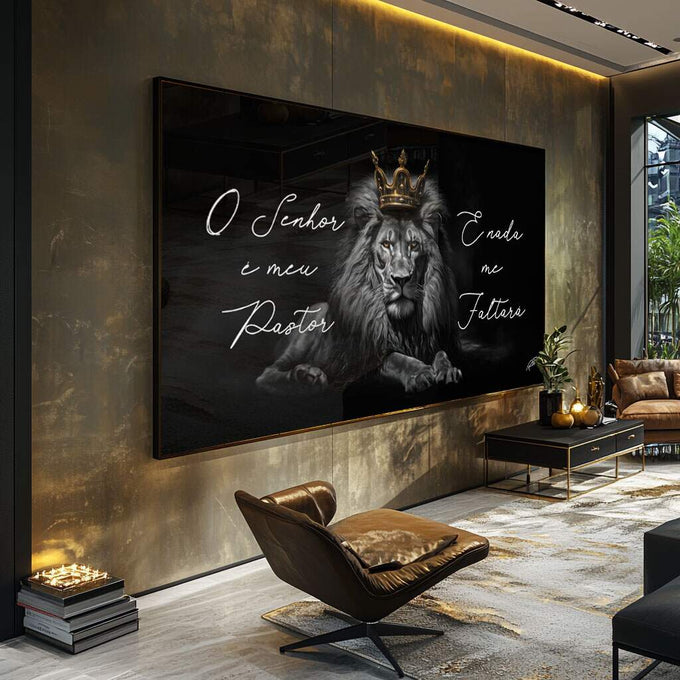 Quadro Decorativo Leão - O Senhor é Meu Pastor em Canvas Premium - quadros decorativos para sala 1 Tela, 1 Tela Horizontal - em ambiente decorado