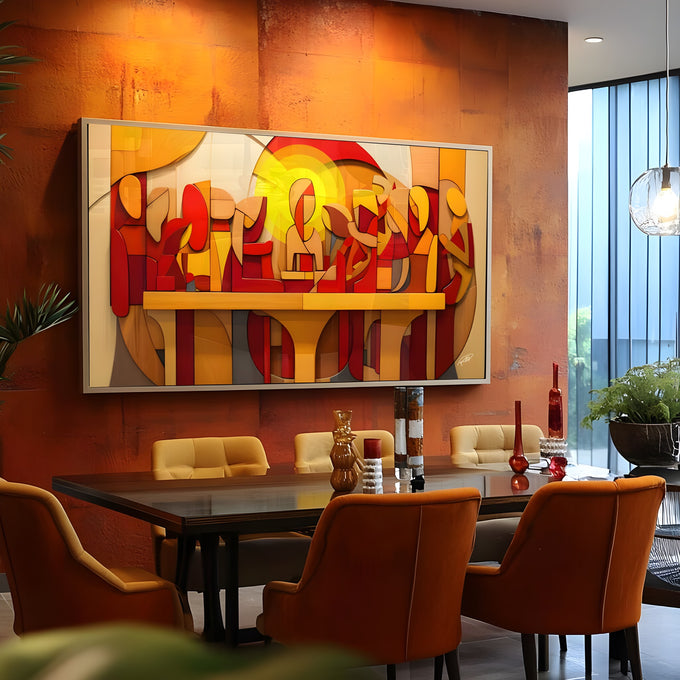 Santa Ceia em estilo geométrico com Jesus e apóstolos em vermelho, laranja e amarelo, quadro decorativo