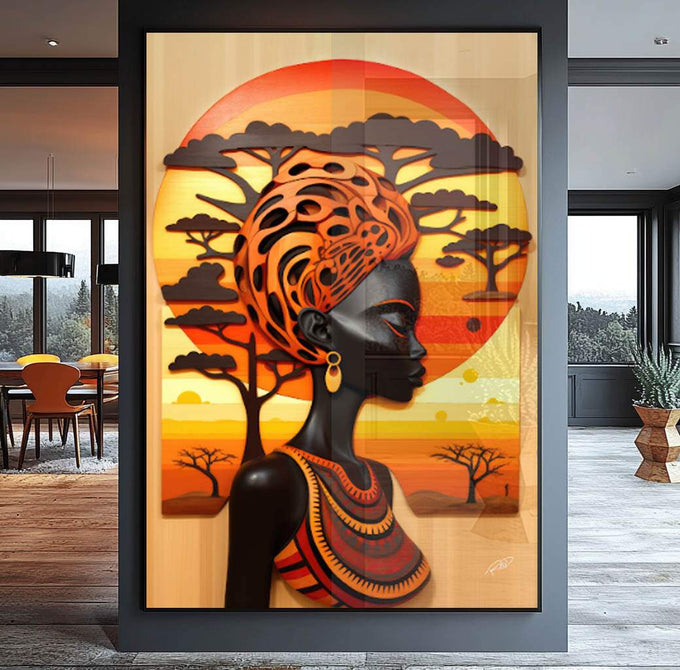 Quadro Decorativo Étnico e Elegante Rainha Africana - quadros decorativos para sala 1 Tela Vertical, 3 Telas - em ambiente decorado