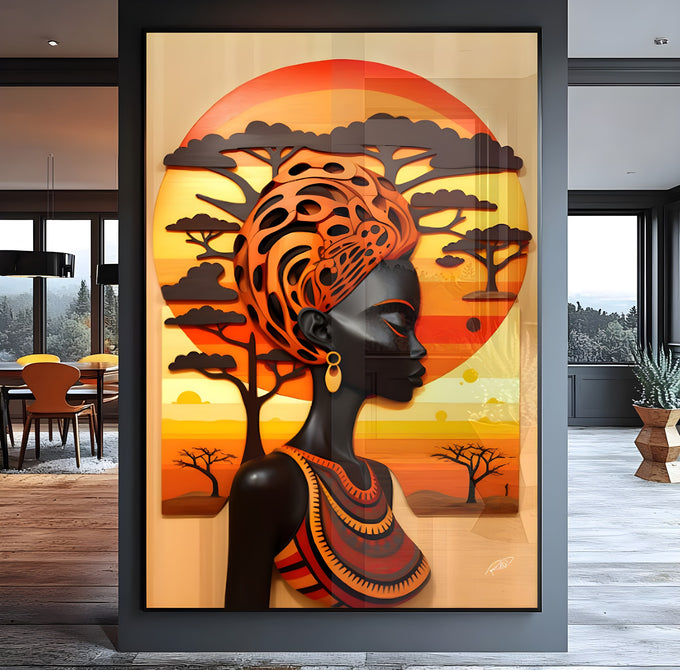 Mulher africana de perfil com turbante laranja, acácias da savana e grande sol ao fundo, quadro decorativo