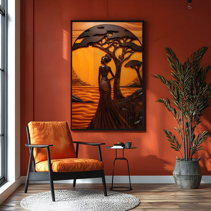 Mulher negra africana entalhada em madeira sob acácia e grande sol laranja na savana, quadro decorativo