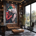 Quadro Decorativo Coringa e Arlequina Colorido: Arte Moderna em Tela Premium - quadros decorativos para sala 1 Tela Vertical, 3 Telas - em ambiente decorado