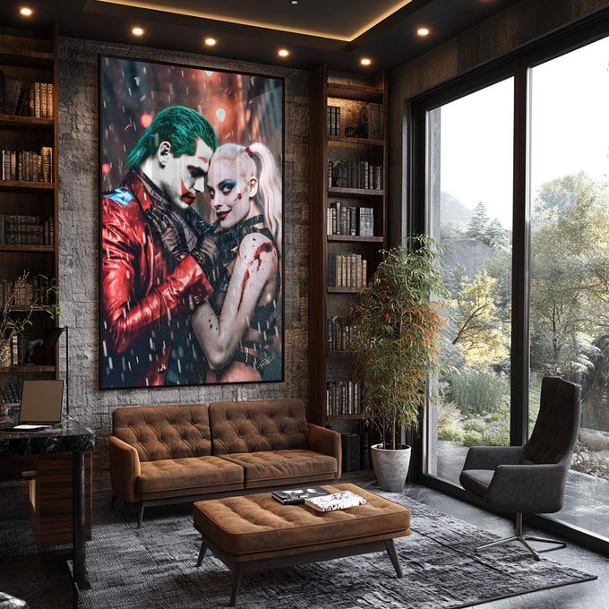 Quadro Decorativo Coringa e Arlequina Colorido: Arte Moderna em Tela Premium - quadros decorativos para sala 1 Tela Vertical, 3 Telas - em ambiente decorado