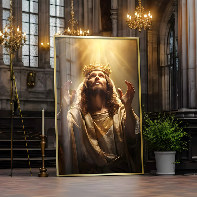 Jesus Cristo com coroa dourada olhando para o céu, mãos erguidas sob raios de luz, quadro decorativo