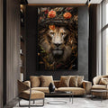 Quadro Decorativo Leão Real com Coroa e Flores - quadros decorativos para sala 1 Tela Vertical, 3 Telas - em ambiente decorado