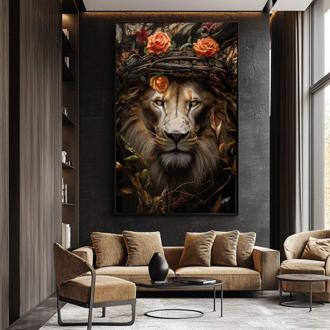 Quadro Decorativo Leão Real com Coroa e Flores - quadros decorativos para sala 1 Tela Vertical, 3 Telas - em ambiente decorado
