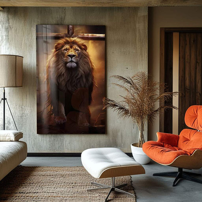 Quadro Decorativo Leão e Cruz - Arte Elegante para Transformar seu Espaço - quadros decorativos para sala 1 Tela Vertical, 3 Telas - em ambiente decorado