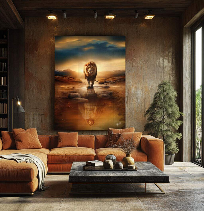 Quadro Decorativo Leão e Jesus - Sofisticação e Inspiração para Sua Decoração - quadros decorativos para sala 1 Tela Vertical, 3 Telas - em ambiente decorado