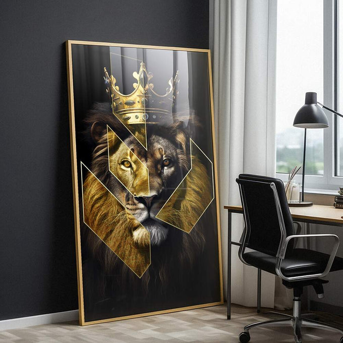 Quadro Decorativo Leão Estilizado: Arte Sofisticada para sua Casa - quadros decorativos para sala 1 Tela Vertical, 3 Telas - em ambiente decorado