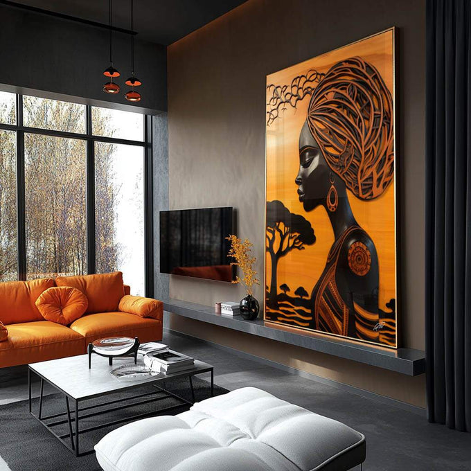 Quadro Decorativo Afro Contemporâneo Beleza e Raízes - quadros decorativos para sala 1 Tela Vertical, 3 Telas - em ambiente decorado