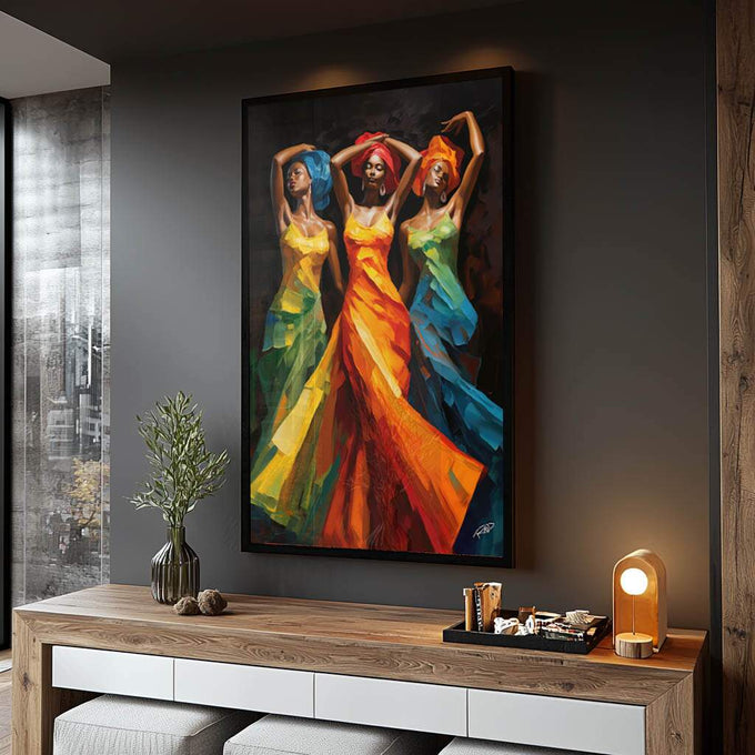 Quadro Decorativo Afro Contemporâneo Beleza em Cores - quadros decorativos para sala 1 Tela Vertical, 3 Telas - em ambiente decorado
