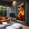 Três mulheres negras de turbante dançando com vestidos laranja e azul, pintura vibrante, quadro decorativo