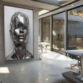 Quadro Decorativo Metálico Rosto - Sofisticação e Modernidade para Seu Ambiente - quadros decorativos para sala 1 Tela Vertical, 3 Telas - em ambiente decorado