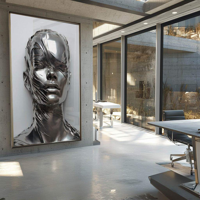 Quadro Decorativo Metálico Rosto - Sofisticação e Modernidade para Seu Ambiente - quadros decorativos para sala 1 Tela Vertical, 3 Telas - em ambiente decorado
