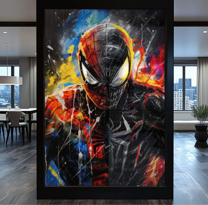 Quadro Decorativo Aranha e Veneno - Duelo Moderno para sua Decoração - quadros decorativos para sala 1 Tela Vertical, 3 Telas - em ambiente decorado