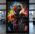 Homem Aranha metade preto simbionte com respingos de tinta vermelha, amarela e azul, quadro decorativo