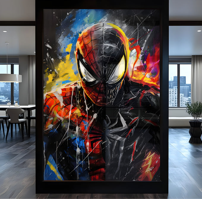 Homem Aranha metade preto simbionte com respingos de tinta vermelha, amarela e azul, quadro decorativo