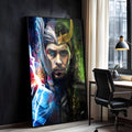 Rosto dividido de Thor com elmo e raios azuis e Loki com chifres dourados em verde, quadro decorativo