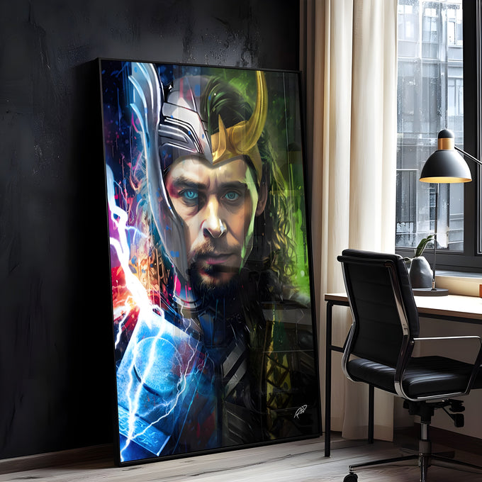 Rosto dividido de Thor com elmo e raios azuis e Loki com chifres dourados em verde, quadro decorativo