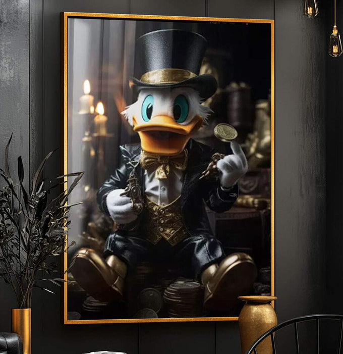 Quadro Decorativo Tio Pato: Moedas de Ouro - Elegância e Estilo para Sua Casa - quadros decorativos para sala 1 Tela Vertical, 3 Telas - em ambiente decorado