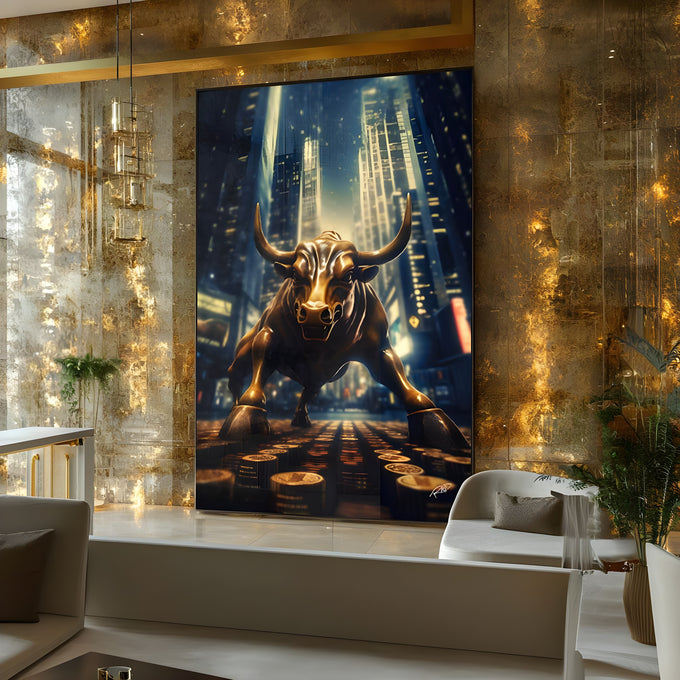 Touro dourado em pose de ataque entre arranha-céus azuis e moedas, estilo Wall Street, quadro decorativo