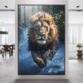 Quadro Decorativo Leão em Movimento: Arte Vibrante para sua Casa - quadros decorativos para sala 1 Tela Vertical, 3 Telas - em ambiente decorado
